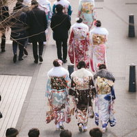 成人の日に晴れ着を着た新成人たちの記念撮影の写真