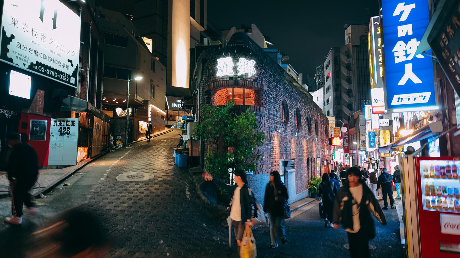 渋谷の道玄坂小路で夜間にネオン看板が点灯した繁華街の風景