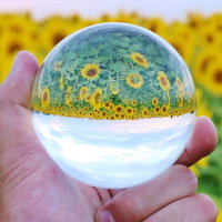 向日葵畑と水晶玉に映り込む景色|透明な球体に映る黄色い花々の写真