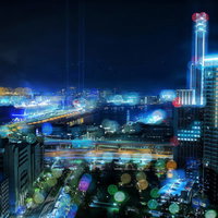 ネオンとライトアップが輝く都市の夜景 高層ビルと光の饗宴の写真