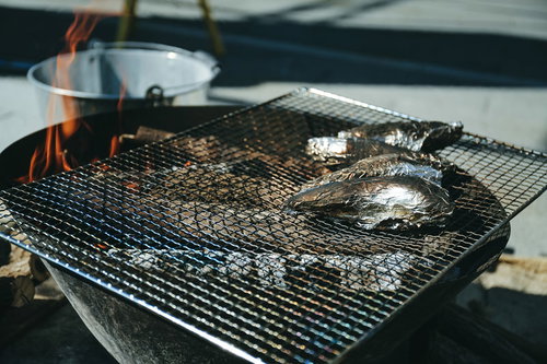 屋外でホイル焼きを楽しむバーベキューの風景