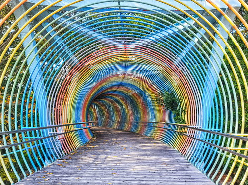奥へ続く虹色のレインボートンネル 遊歩道