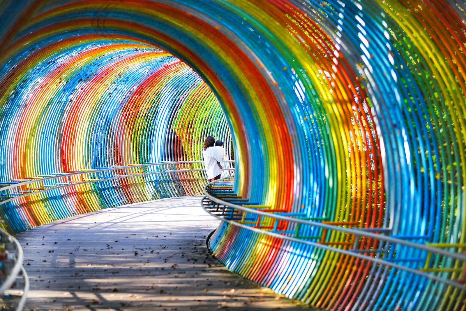 虹色に輝くトンネルの中を子供を抱えて歩く女性の後ろ姿