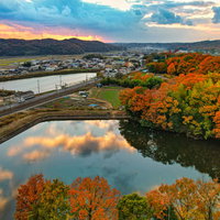 秋の夕暮れにオレンジ色に染まる紅葉と川面の水鏡の写真
