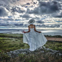 南国リゾート地の海辺に立つ白いウェディングドレス姿の女性の後ろ姿の写真