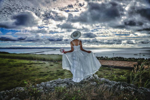南国リゾート地の海辺に立つ白いウェディングドレス姿の女性の後ろ姿