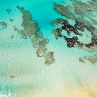 宮古島の透明な海に浮かぶ人影とサンゴ礁の絶景の写真