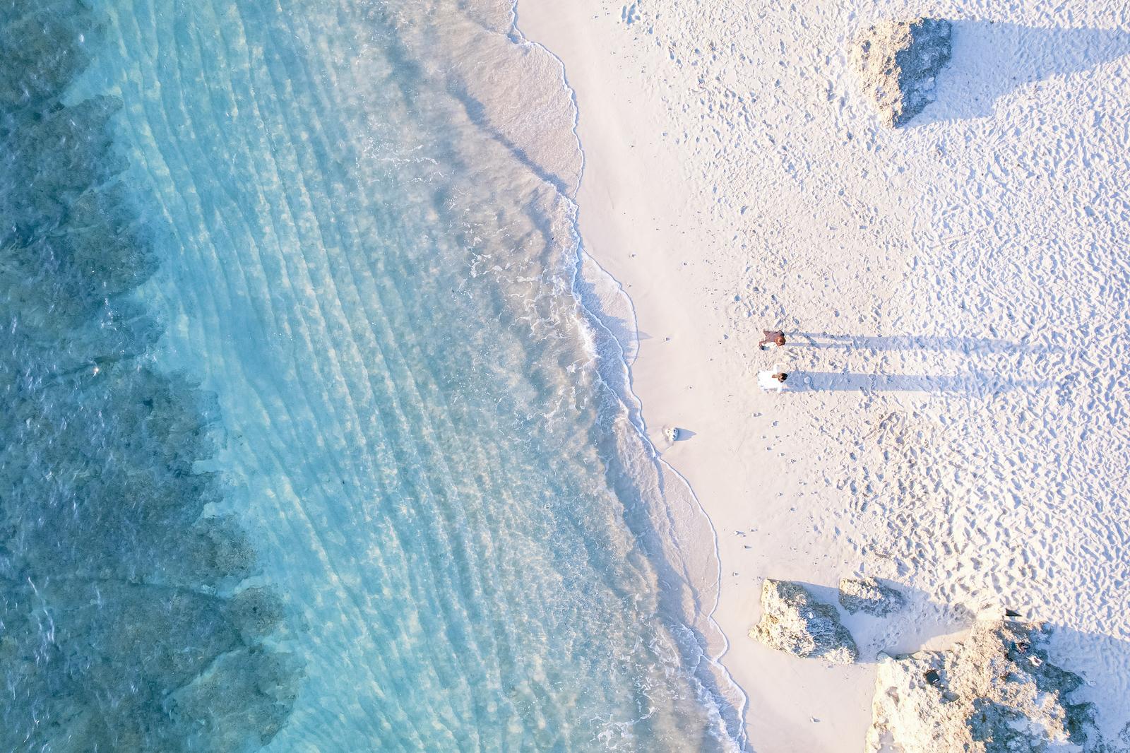 宮古島のムスヌン浜で砂浜を歩く観光客を上空から撮影した画像