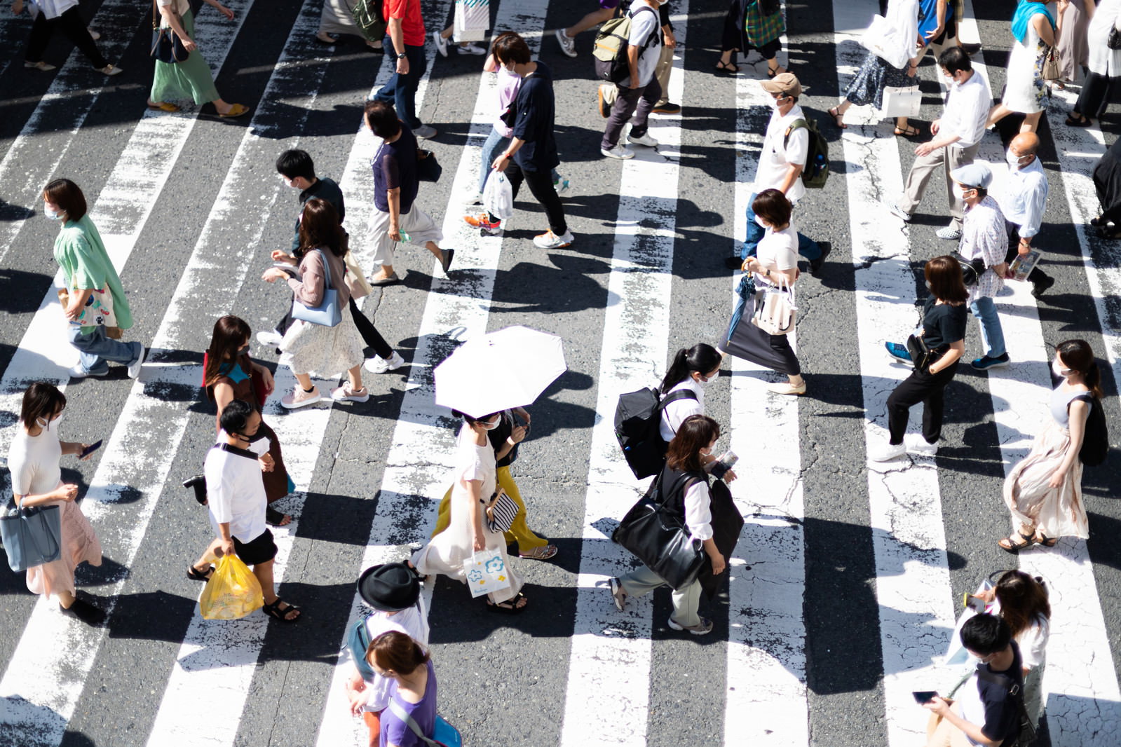 横断歩道の白い縞模様の上を歩く多くの人々の黒い影
