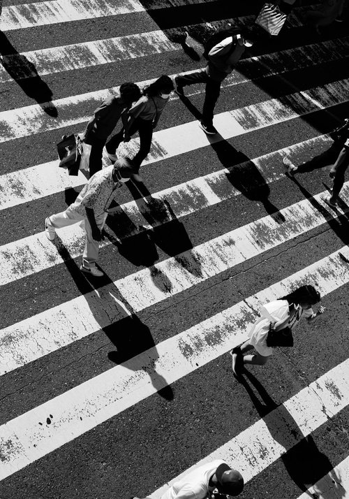 横断歩道に伸びる人影：モノクロ撮影の幾何学的パターン
