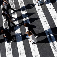 白い縞模様の横断歩道を行き交う人影の写真
