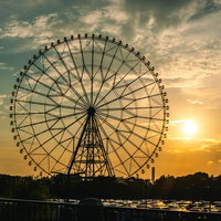 葛西臨海公園の夕暮れ時、オレンジ色の空に浮かぶ観覧車の写真