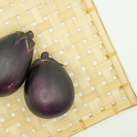 竹ざるの上に並ぶ丸茄子の写真の写真