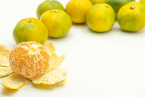 白い背景に並ぶ早生みかん、手前の一個は皮を剥かれた状態