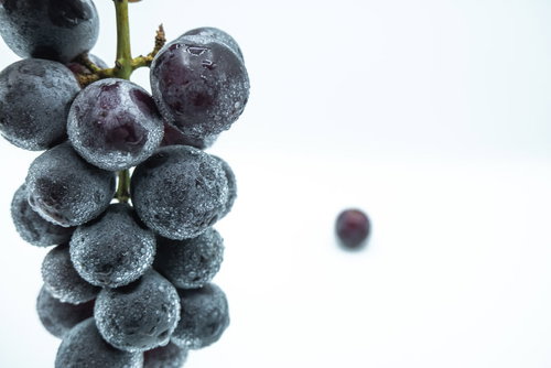 白い背景に転がった1粒の種なし巨峰と水滴