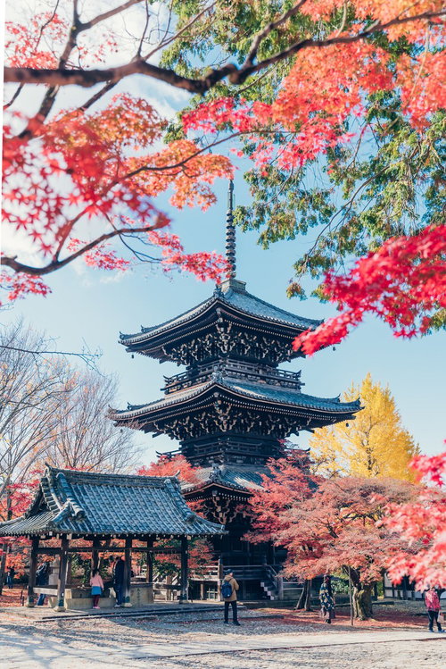 真如堂の境内に佇む三重塔と秋の紅葉