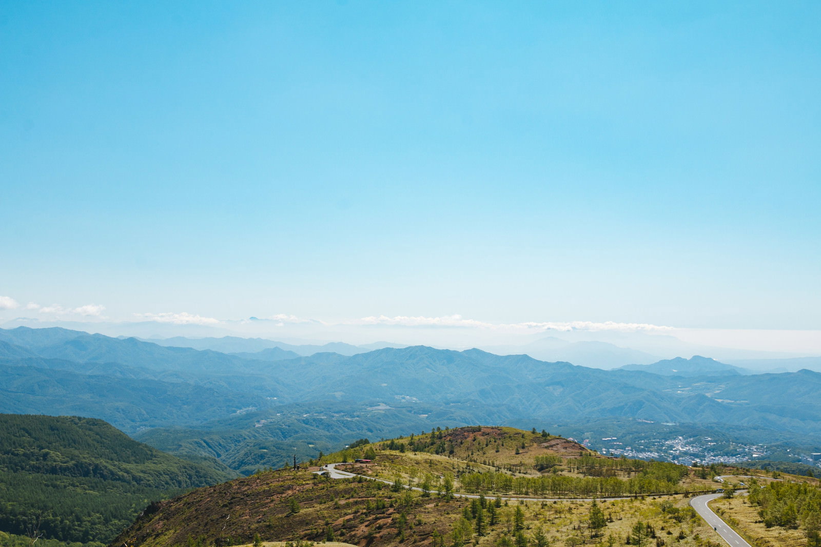 白根山から見渡す山々の連なりと青空の景観