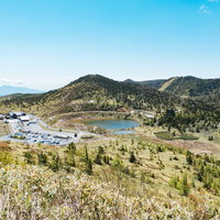草津白根山の弓池と観光地の駐車場周辺の高原風景の写真