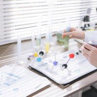 研究者のデスクに並ぶ分子模型と資料の写真