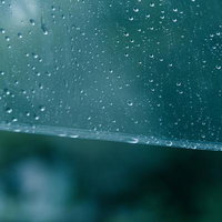 透明なビニール傘の表面に付いた雨粒のクローズアップの写真