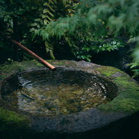 手水鉢に竹の樋から落ちる水の波紋と苔むした石の写真