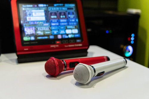 カラオケルームのテーブルに置かれた赤と白の二本のマイク