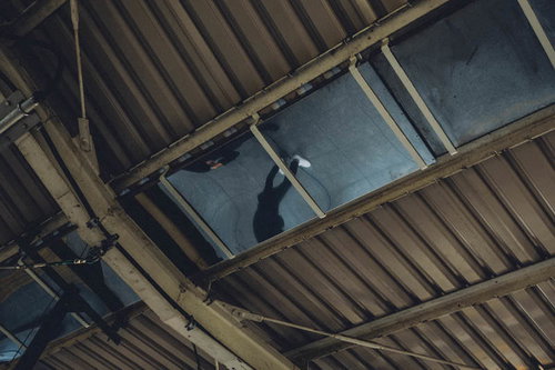 とある駅のホーム天井と採光窓、鉄骨構造