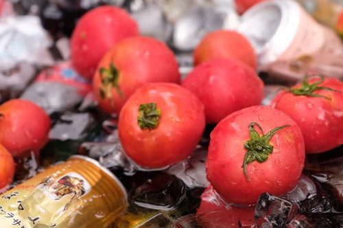 缶ビールと一緒に氷で冷やしたトマトと氷