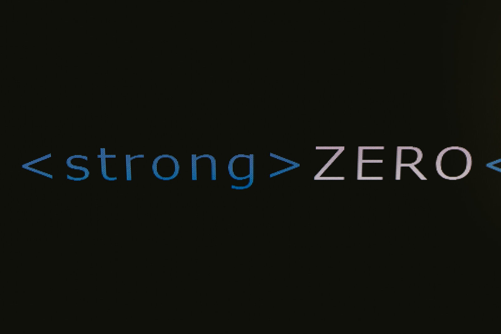 モニターに表示されたstrongタグとZEROの文字