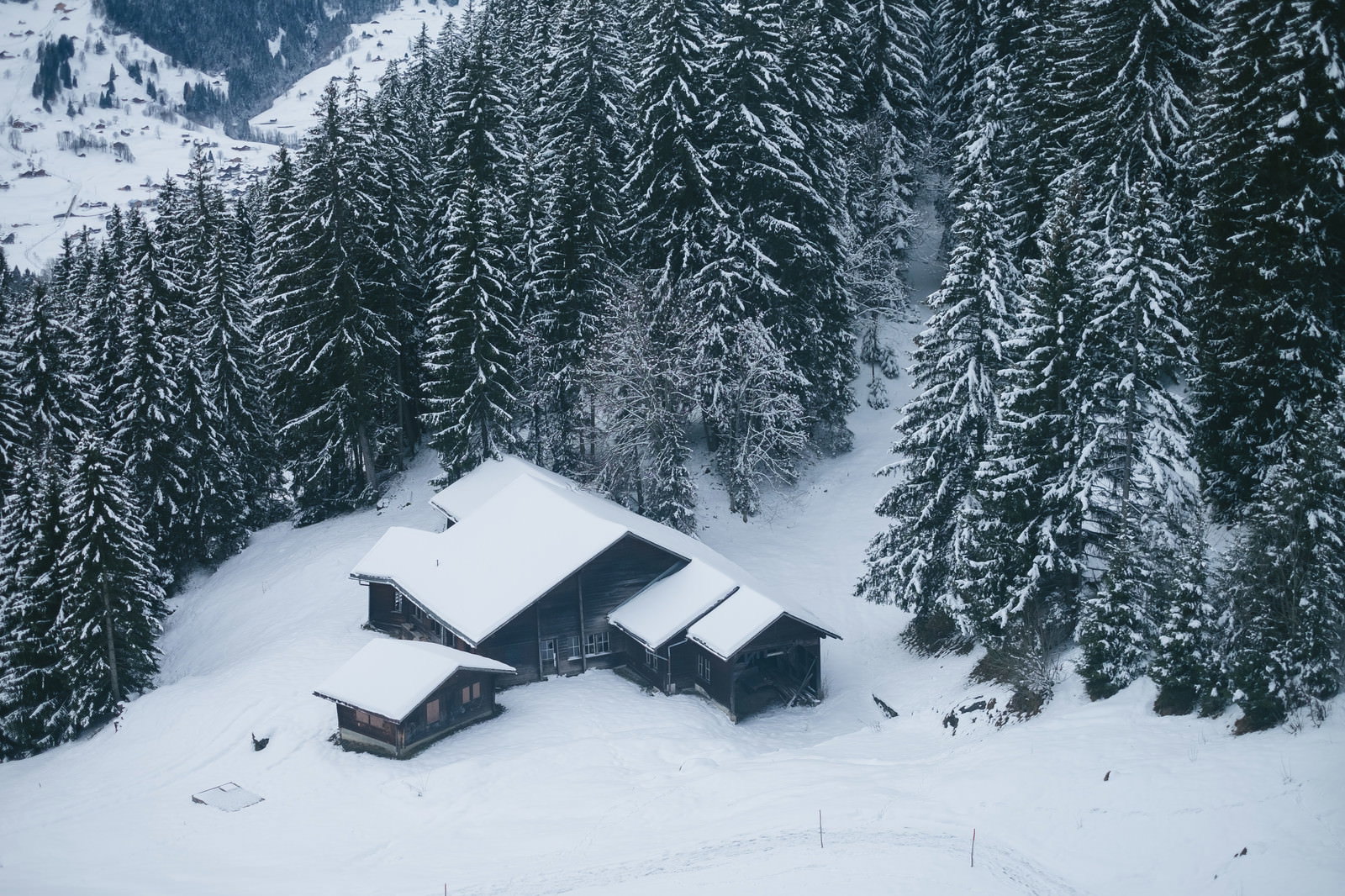 雪に覆われたスイスの山村を俯瞰