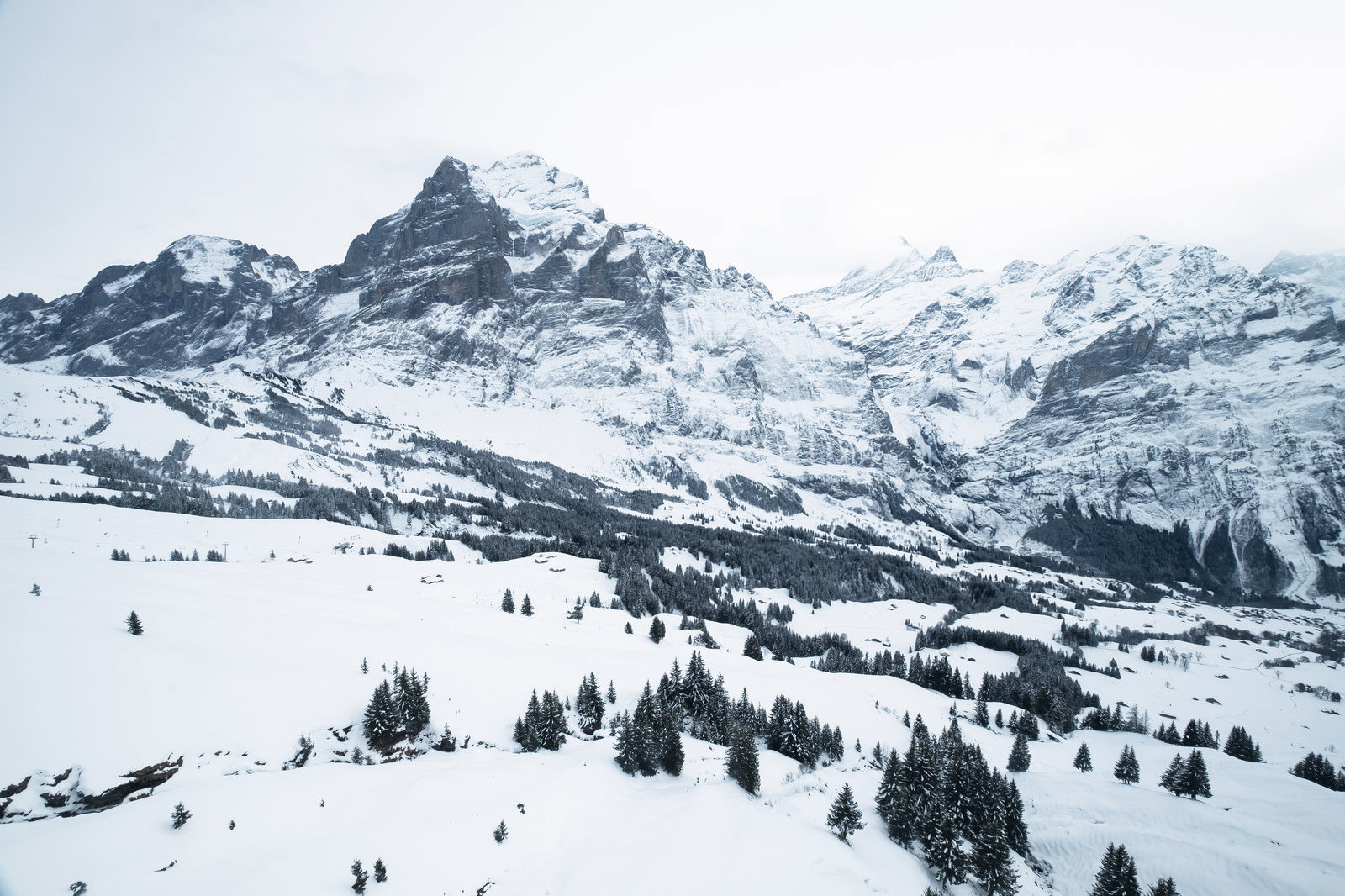 雪に覆われたスイスアルプスの山々とスキー場の風景