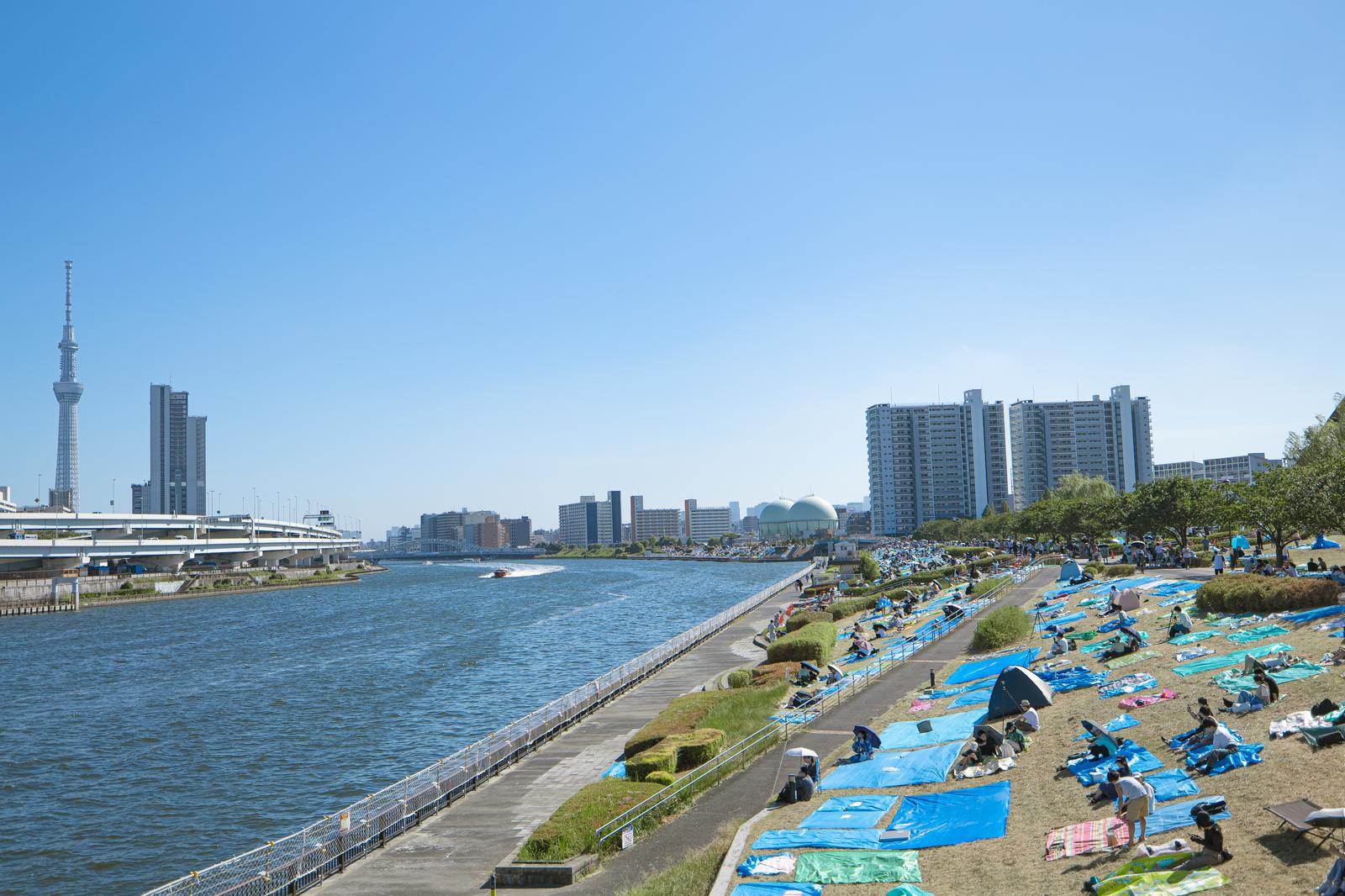隅田川花火大会当日、青いシートを広げて場所取りをする人々とスカイツリーの風景