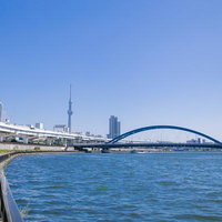 隅田川に架かる青い橋とスカイツリー、東京の都市風景の写真