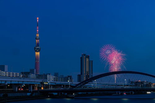 隅田川花火大会とライトアップされたスカイツリー