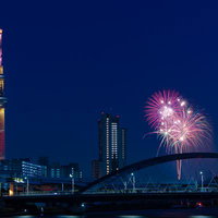スカイツリーと隅田川の花火大会、夜景とライトアップの競演の写真