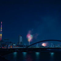 隅田川花火大会で水神大橋上空に打ち上がる花火とスカイツリーの写真