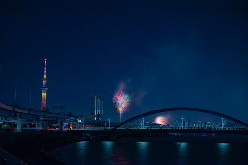 隅田川花火大会で水神大橋上空に打ち上がる花火とスカイツリー