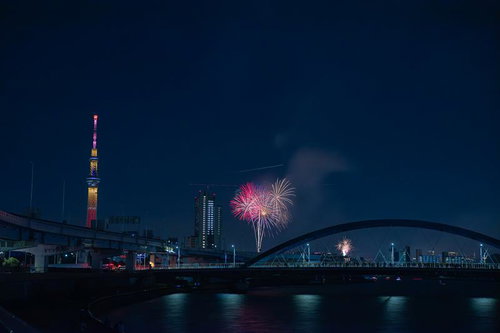 水神大橋越しに打ち上がる隅田川花火大会の夜景