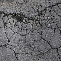 ひび割れたアスファルトに落ちた枯葉のテクスチャーの写真