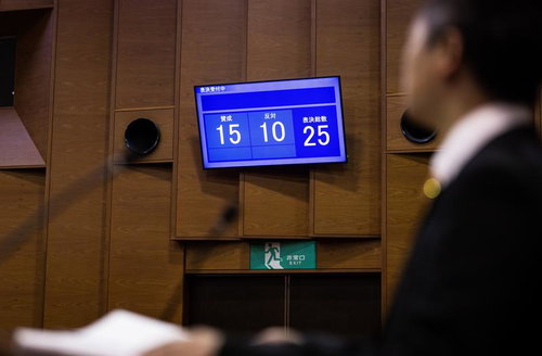 採決の結果を電光板に見守る議員、賛成反対の投票数を確認