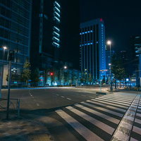 深夜の都心、芝五丁目の横断歩道と高層ビル群の夜景の写真