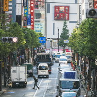 新宿区役所通りの信号待ちで立ち並ぶ車両と行き交う人々の写真