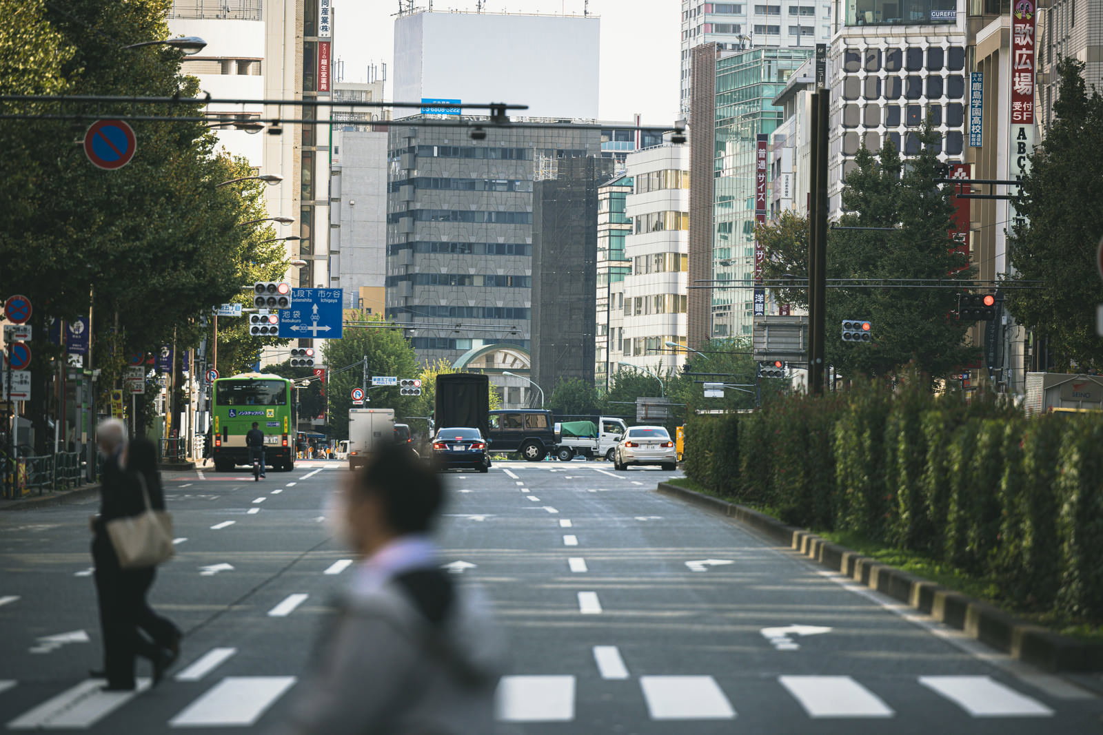 新宿の横断歩道から車道を撮影した都市風景