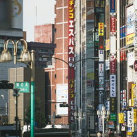 看板だらけの新宿のビル、カラフルな袖看板が密集する都市景観の写真