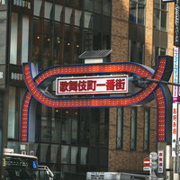 新宿・歌舞伎町一番街の赤い看板と夜景のネオン風景の写真