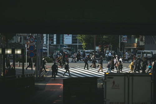 夜の新宿、高架下から見る横断歩道を渡る人混み