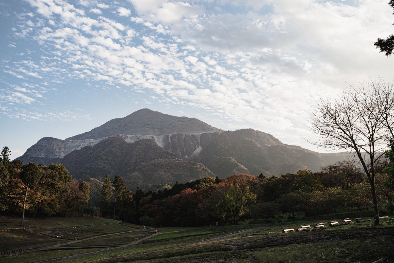 Landscape of Mount Bukoh seen from Yohjyosan Park, with a cloudy sky and the mountain ridge