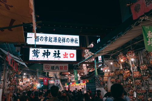 夜の鷲神社の酉の市、境内に並ぶ出店と参拝者の群れ