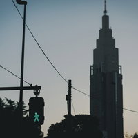 横断歩道の青信号とNTTドコモタワーのシルエットの写真