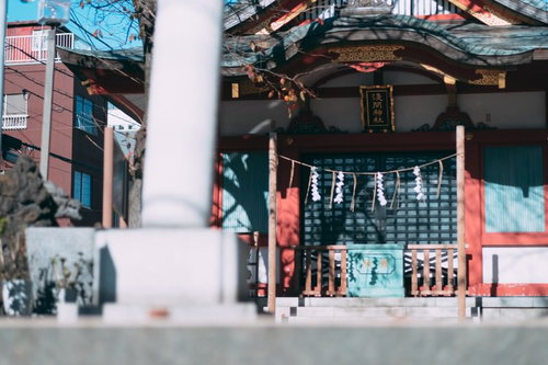 浅間神社の境内に置かれた朱色の柱と木製の賽銭箱